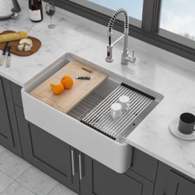 33" White Farmhouse Kitchen Sink Workstation - 33 x 20 x 10 inch White Porcelain Ceramic Sngle Bowl Kitchen Sink