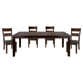 Cherry Finish Classic 5pc Dining Set Wooden Table Draw Leaf and 4 Side Chairs Faux Leather Upholstered Durable Furniture Transitional Style Ladde