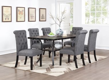 Classic Dining Room Furniture Natural Wooden Rectangle Top Dining Table 6x Side Chairs Charcoal Fabric Tufted Toll Back Top Back Chair and Storag