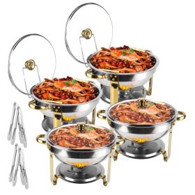 4Pcs Chafing Dish Buffet Set 4.76QT Round Buffet Servers Food Warmer Stainless Steel Catering Chafer With Glass Lid For Warming Cooling Gathering (Option: Silver)