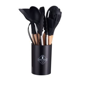 11pcs Wooden Handle Silicone Kitchen Utensils Set Storage Bucket Non-stick Shovel Spoon Cooking Kitchen Utensils 11 Pieces Set Silicone Shovel Sp (Color: Black)