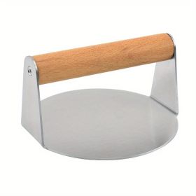 1pc; Burger Press; 304 Stainless Steel Meat Press; Round Or Square Burger Smasher; Grill Press Perfect For Kitchen Accessories; Home Kitchen Item (Material: Round Meat Press With Wooden Handle)